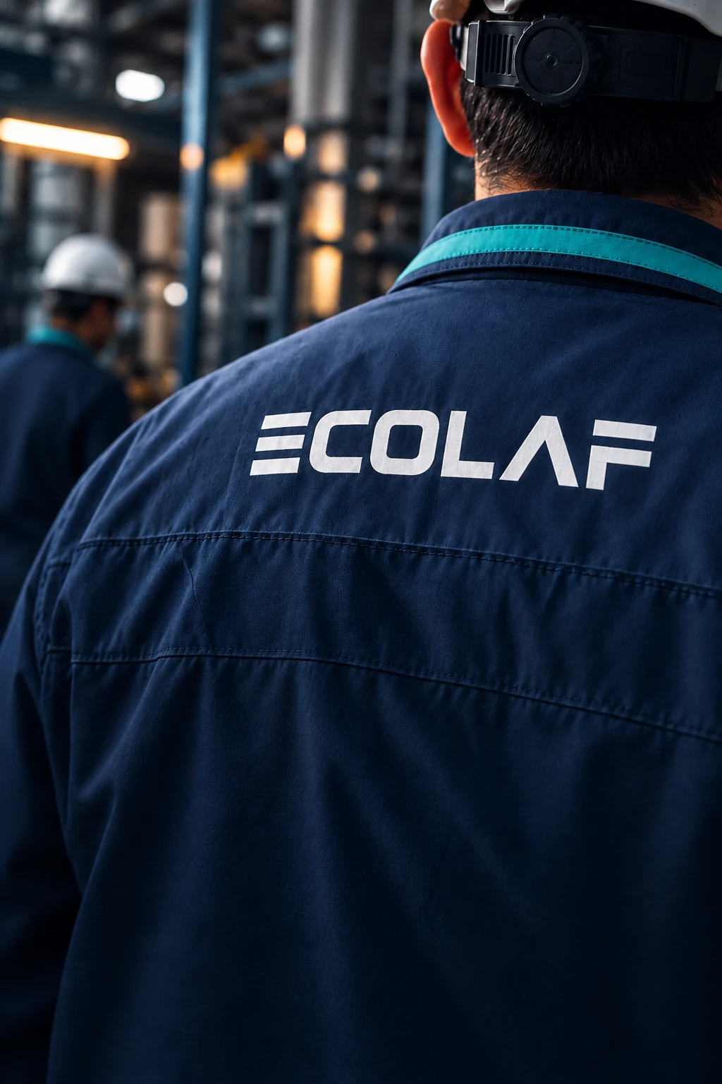 Imagen de marca ECOLAF: técnico con uniforme azul en un entorno industrial.
