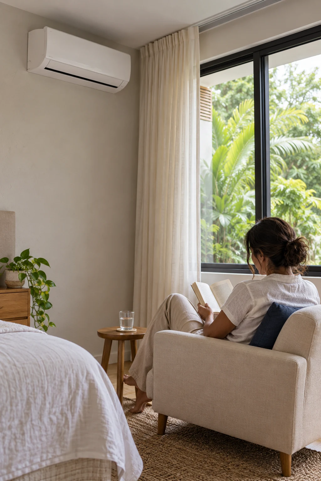 Arte de ECOLAF: lectura tranquila en un hogar climatizado.