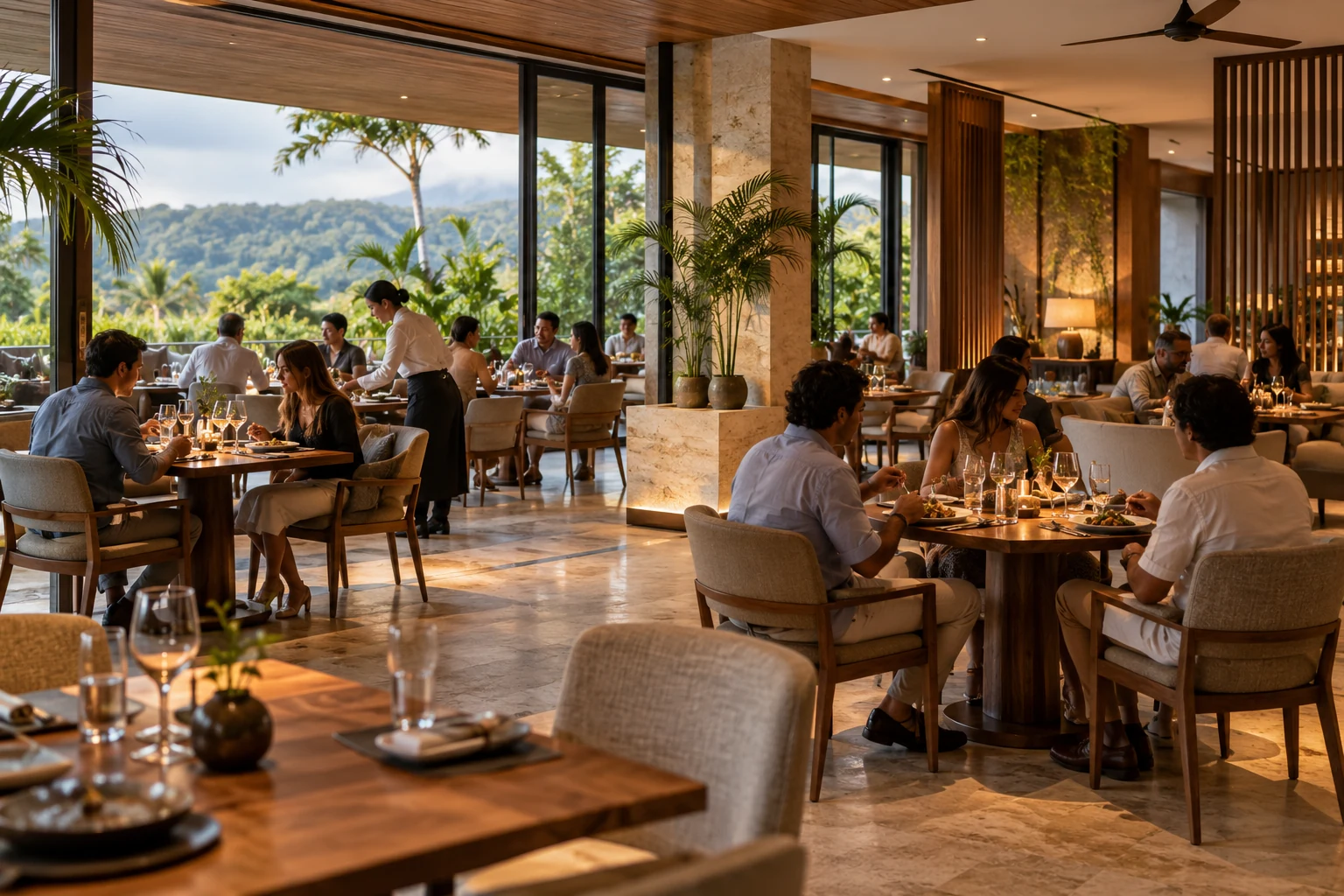 Arte de ECOLAF: restaurante tropical con ambiente confortable.