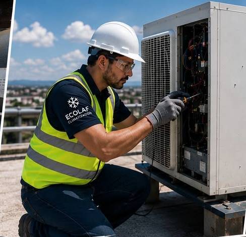 Técnico de ECOLAF realizando mantenimiento preventivo a una unidad condensadora de aire acondicionado