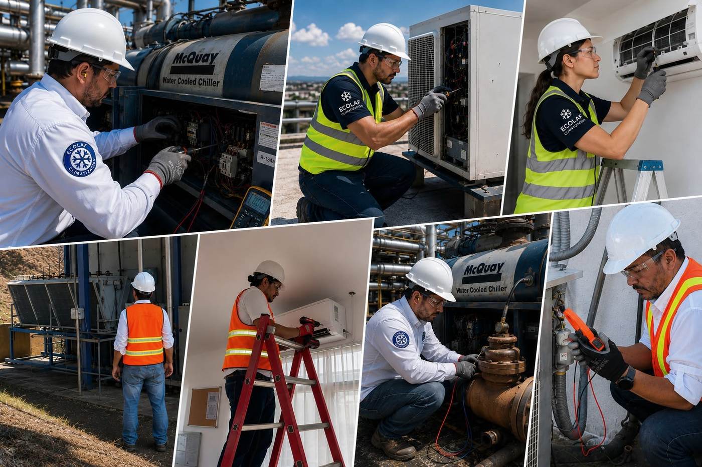 Técnicos de ECOLAF Climatización trabajando en equipos de aire acondicionado residenciales, comerciales e industriales